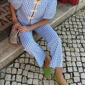 Resim Kadınlar için Rahat Hafif Mavi & Beyaz Ekose Desenli Açık Ön Kardigan ve Puf Kollu Crop Top ile Uzun Pantolon 2 Parça Set, İlkbahar Yaz Serin Tatil Çıkışları İçin Bol Kesim 