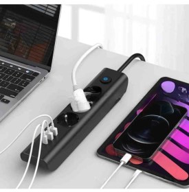 Resim Siyah 3'lü Priz Akım Korumalı Isıya Dayanıklı Çocuk Kilitli Tasarım 3 USB Girişli 1 Type-C Girişli 