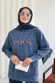 Resim Bisiklet Yaka Önü Nakışlı Yıkamalı Tunik 8920 - Mavi - Mavi / S-M 