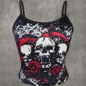 Resim Kadınların Rahat Kafatası ve Çiçek Desenli Kolsuz Atleti, Polyester %95 Spandex %5 Örgü Kumaş, Yazlık Askılı Atlet, Spagetti Askılı Yaka, Portre Deseni 