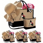 Resim 3 Parça Set: Tote Çanta ve Makyaj Çantası Artı Bir Plaj Şapkası, Çok Fonksiyonlu Taşınabilir Plaj Çantası, Yan Cep Tasarımı, Düğünler, Tatiller, Tatil Gezileri, Piknikler İçin Uygun. Anneler, Öğretmenler ve Arkadaşlar İçin Harika Bir Hediye 