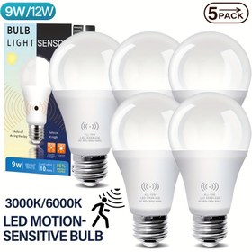 Resim 5 adet Hareket sensörlü ampul, LED ampul 9W / 12W (Eşdeğer 80/100W) sıcak ışık/gündüz ışığı 3000K / 6000K 1200LM E26, Ofis, Toplantı odası, Merdivenler, Koridorlar, Garajlar için uygun, Yüksek parlaklık (2 Yıl) 