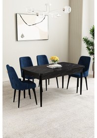 Resim Mabel Siyah Mermer Desen 80x132 Açılabilir Yemek Odası Takımı 4 Adet Sandalye Lacivert 