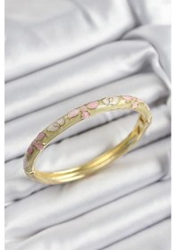 Resim Mey İthalat Mineli Pirinç Pembe Hardal Ve Krem Çiçek Motifli Gold Renk Kadın Kelepçe Çok Renkli 