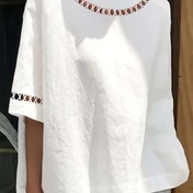 Resim Şık Oyma Detaylı Kadınlar İçin Bol Kesim Yuvarlak Yaka Bluz - Yarı Şeffaf, Beyaz, Her Mevsime Uygun, Makinede Yıkanabilir, Yetişkin Bedenleri, Orta Doğu Tarzı, Tüm Sezon Giyim 