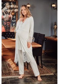 Resim Bone Club 5109 ECRU Fantazi Dantelli Hamile Lohusa3 Lü Pijama Sabahlık Tk 