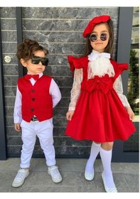 Resim Modavals Kardeş Kombi̇n Dantelli̇ Brode Broşlu Kız Çocuk Fırfırlı Slopet-Kırmızı 