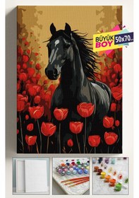 Resim Sayılarla Boyama Seti Numaralı Tuval Fırça Boya Dahil Kasnaklı Set 50x70 Cm - At Ve Laleler 