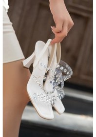 Resim Feles Çapraz Şeffaf Taş Detaylı Topuklu Kadın Abiye Ayakkabı Beyaz 