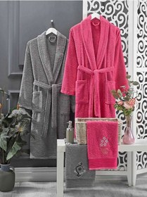 Resim 4 Parça Aile Bornoz Seti Kadın Erkek Havlulu Bornoz Takımı Fuşya - Gri 