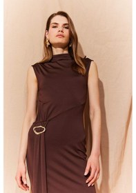 Resim DeFacto Bodycon Vücudu Saran Balikçı Yaka Basic Düz Tokalı Kolsuz Midi Abiye Elbise E8947AX25SPBN207 