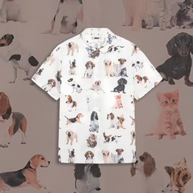 Resim Kedi ve Köpek Desenli Kısa Kol Hawaii Gömlek - M 