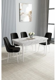Resim Zümra Serisi, Beyaz Mermer Desen 80x132 Açılabilir Mdf Mutfak Masası Takımı 4 Adet Sandalye, Siyah 