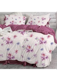 Resim Bağcıklı %100 Pamuk Tek Kişilik Nevresim Takımı-mor Menekşe 