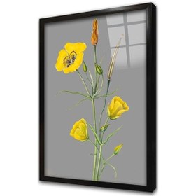 Resim Gri Zemin Sarı Çiçekler Üçlü Çerçeveli Cam Tablo Seti-172095 