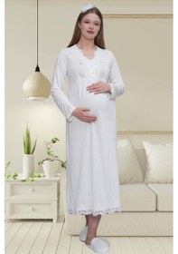 Resim Mecit Pijama Mecit 1518 Ekru Sabahlıklı Lohusa Gecelik Takım 