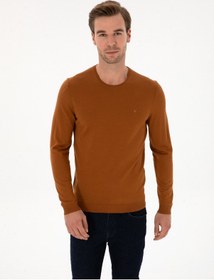 Resim Cacharel Karamel Slim Fit Yün Karışımlı Bisiklet Yaka Basic Triko Kazak Kahverengi 