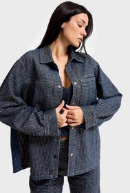 Resim Kadın T.Kot Rengi T-1w5-7 Oversize Parlak Taşlı Özel Tasarım Denim Ceket - T.Kot / L 