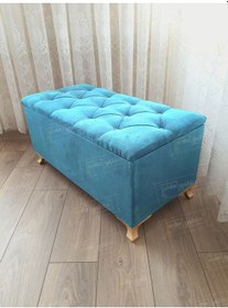Resim Lüks Sandıklı Kapitoneli Ayakucu Puf Bench 100 Cm Gold Ayak Turkuaz 