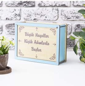 Resim Deepcraft Parabox Hedef Kumbarası Mavi Krem Rengi Ahşap Kilitli 