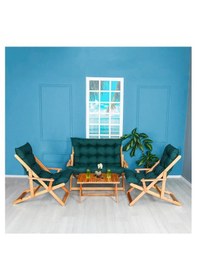 Resim Reyo Bysay Ahşap Katlanabilir Taşinir Puf Minderli Kollu Şezlong Plaj Bahçe Teras Balkon Sandalyesi Koltuğu Takimi 4 Lü Set Haki 