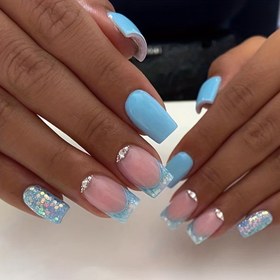 Resim Çivi Üzerine Kısa Kare Basın,Rhinestones ile Parlak Pembe Mavi Sahte Tırnaklar,Kadınlar ve Kızlar İçin Glitter Takma Tırnaklar,24 Adet 