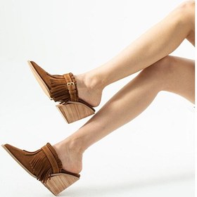Resim Dericia Shoes Luxe Kadın Hakiki Deri Süet Püskül Detaylı Kovboy Topuklu Terlik Turuncu 