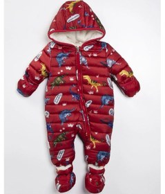 Resim Dinazor Çıkarılabilir Ayaklı Gizli Eldivenli Kapişon Kışlık Erkek Bebek Astronot Tulum Kozmonot Mont Kırmızı 