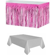 Resim Plastik Gümüş Masa Örtüsü - Pembe Metalize Masa Eteği Püskülü 