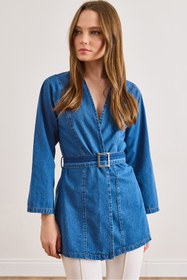 Resim Olalook Kadın Orta Mavi Kuşaklı Mevsimlik Denim Ceket CKT-19000515 