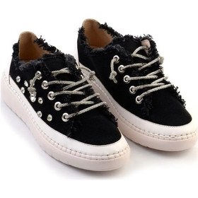 Resim Erkan Saçmacı Valentina Siyah Denim Kristal Taşlı Gümüş Bağcıklı Sneaker Siyah 