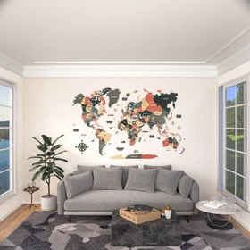 Resim Renkli Baskılı 3D Ahşap Dünya Haritası (Sage) - 300x187 cm / İngilizce 