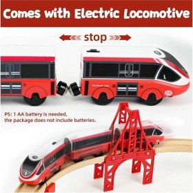 Resim 58 Parçalı Ahşap Tren Seti, Elektrikli Lokomotif ve Itfaiye Aracı ile Model Demiryolu Oyuncağı 