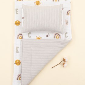 Resim Alt Açma Matı ve Yastık - Çift Taraflı - Açık Gri Örgü - Galaksi ve Harfler 