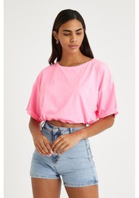 Resim Kadın Neon Yağ Yıkamalı T-shirt Pembe Yeşil 
