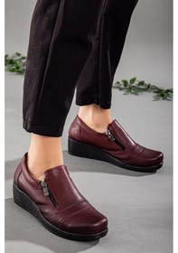Resim Dilimler Ayakkabı Fermuarlı Cilt Bordo Kadın Günlük Dolgu Taban Ayakkabı-2209-Bordo 