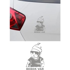 Resim Gri Renk Arabada Bebek Var Oto Sticker Etiket 20 cm 
