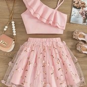 Resim Şık İki Parçalı Kız Yazlık Kıyafeti - Kolsuz Volanlı Üst ve Çiçekli Tüll Etek Seti, Polyester, Açık Pembe, Rahat ve Resmi Durumlar İçin Mükemmel, Resmi Kıyafet|Volan Detay|Polyester Etek, Kız Giyim 