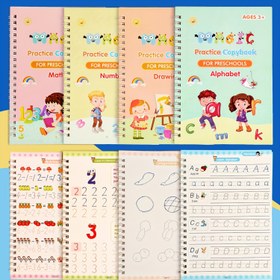 Resim Çocuklar için 4'lü Sihirli Pratik Defter Seti Kalem ve Yedeklerle, 3-6 Yaş Aralığındaki Çocuklar İçin Yeniden Kullanılabilir 3D Yol Defteri, İzlenebilir Alfabe, Sayılar, Çizim ve Matematik Çalışma Kitapları - Okul Öncesi Çocuklar İçin Eğitici El Yazısı Pratik Seti 
