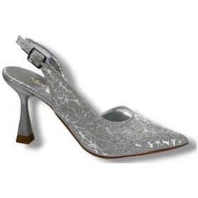 Resim Mengi 685-26 Parlak Simli Saten İnce Topuk Arkası Açık Kadın Stiletto 9cm GÜMÜŞ 
