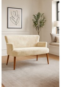 Resim Roma Modern İkili Koltuk - Welsoft Yumuşak Kumaş - Ahşap Ceviz Renk Ayak - Krem Krem 