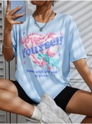 Resim mercoledi Love Yourself Baskılı Bebek Mavisi Oversize T-shirt Salaş Boyfirend 