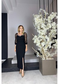 Resim Ges Moda G1032 Kalp Yaka İnci Detaylı Abiye Elbise Siyah-siyah 