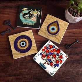 Resim Nazar, Şahmeran, Nar Ağacı Taş Bardak Altlığı Seti - 4 Parça - Dekoratif, Rustik Mutfak Aksesuarı, 10x10 cm, Kaydırmaz Tabanlı, Şık ve Dayanıklı SC525 