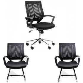 Resim Yumi Fileli Makam Koltuğu Ve 2 Adet Misafir Koltuğu Müdür Koltuk Takımı Ofis Koltuğu Büro Koltuğu Siyah 