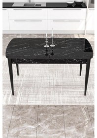Resim Canisa Kor Serisi MDF 70x114 Açılabilir Yemek Masası Takımı, 6 Sandalye Masa Siyah Mermer Desen Sandalye Mor 