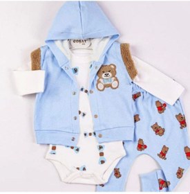 Resim 3-9 Ay Erkek Bebek Takımı Bear Nakışlı Yelekli 3'lü Mavi Mavi 