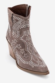 Resim Dericlub Kadın Taşlı Kalın Taban Western Bot Gerçek Süet Deri ZY 1610 VİZON 