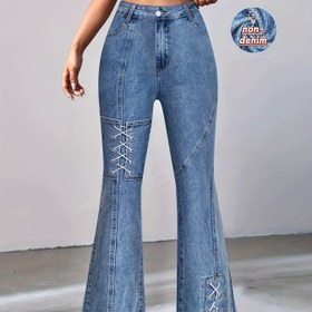 Resim Denim Baskılı/İmitasyon Denim Kadınlar İçin Yüksek Bel Flare Pantolon - Esnek, Şeffaf Olmayan Her Mevsime Uygun Kıyafetler için Jeans Görünümlü Pantolon - Makinede Yıkanabilir, Rahat Kesimli, Yüksek Bel, Elastik Kumaşlı, Denim Görünüm 