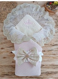 Resim Yenidoğan Kuzulu Taç Nakış Güpürlü Fiyonklu Duvaklı Prizma Taş Unisex Kundak Bebek Battaniyesi Pembe Renkli Çok Renkli 